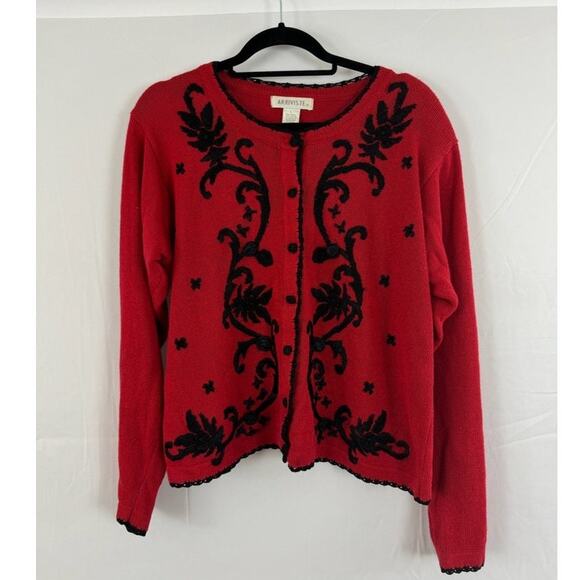 Arriviste Large Red Black Embroidered Button-Up Cardigan Women’s Vintage Look - Picture 1 of 6
